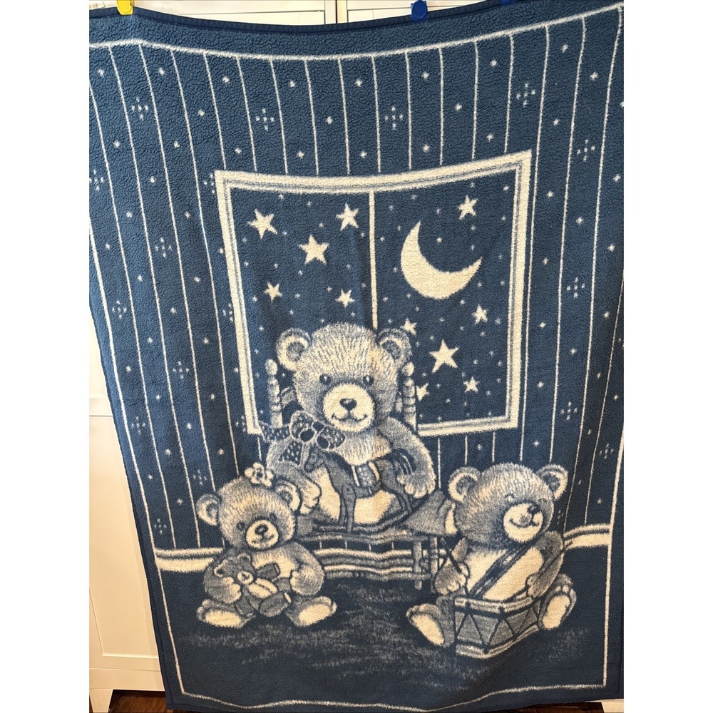 Vintage Biederlack Teddy Bears 54 x 77 Cottage Boho Natural USA Blue
